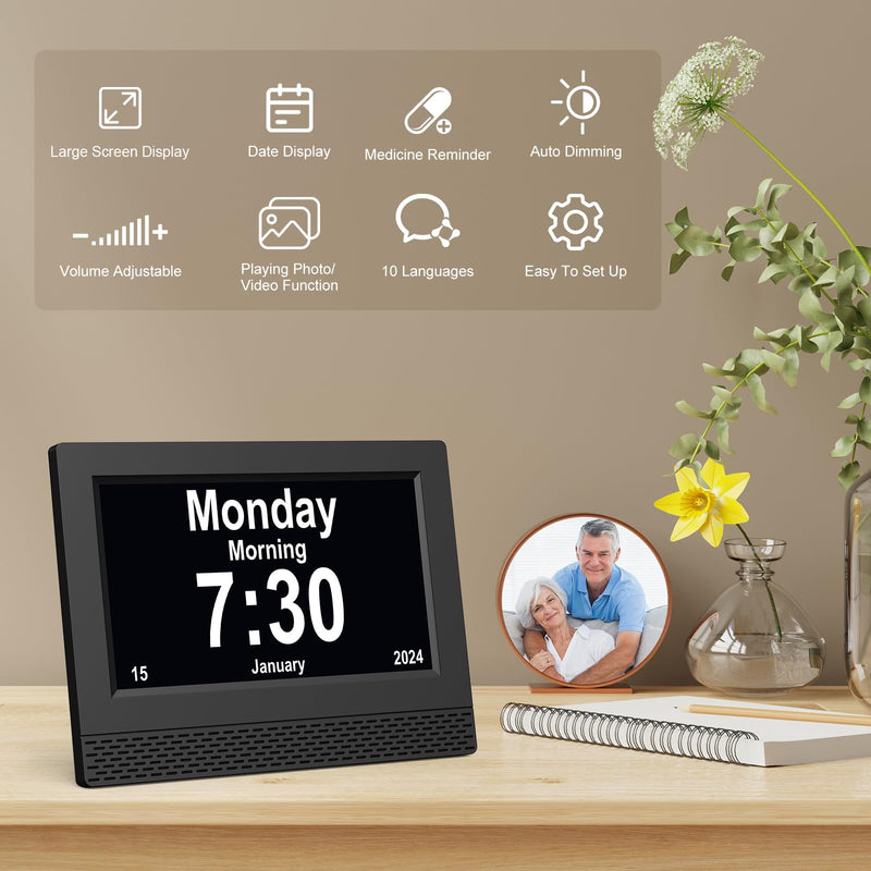 SENXINGYAN Digital Calendar Alarm Clock, 7'' HD Large Screen Display Alarm Clock, Multiple Clock Modes Senior Clock with Date and Day of the Week, Automatically Dimmable for Seniors, Adults and Alzheimer's Patients - Black - NewNest Australia