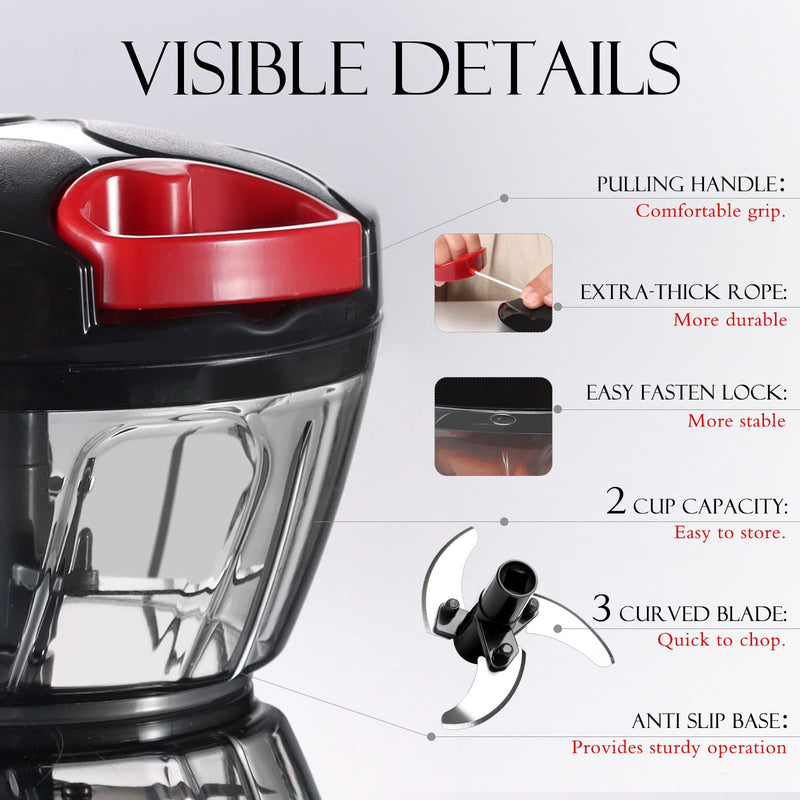 Ourokhome Hand Pull Food Processor - Portable Manual String Vegetable Chopper Small Kitchen Speed Mincer for Veggie, Garlic, Onion, Ginger, etc, 2 cup, Black 550ml - NewNest Australia