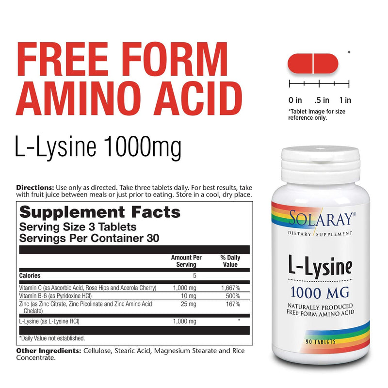 Solaray L-Lysine, Free-Form 1000mg | Amino Acid | Healthy Cognitive, Immune System, Bones & Skin Support | 90ct, 30 Serv - NewNest Australia