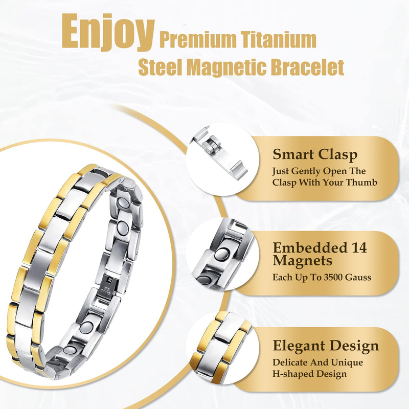 Jeracol Lymph Detox Titanium Steel Magnetic Bracelet for Men with Strength Magnets(3500Gauss) Womens Magnetic Wristband Brazaletes,Adjustable Size with Remove Tool & Gift Box. A-Silver Gold - NewNest Australia
