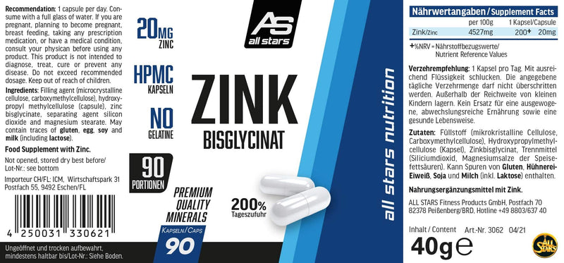 All Stars Zinc Capsules, Vegan Zinc Tablets, 20 Mg Zinc Bisglycinate Per Capsule, 3-Month Pack With 90 Capsules, Vegan Zinc Supplement Without Sugar, Aspartame, Creatine, Gelatin - NewNest Australia