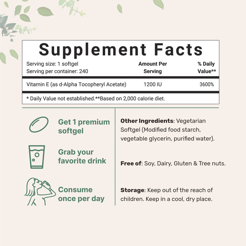 Vitamin E Softgels with Virgin Sunflower Seed Oil, 1200IU, 240 Counts, Promote Skin, Antioxidant & Immune Function, Premium Vitamin E Oil Liquid Pills, Non-GMO, Vegan Friendly - NewNest Australia