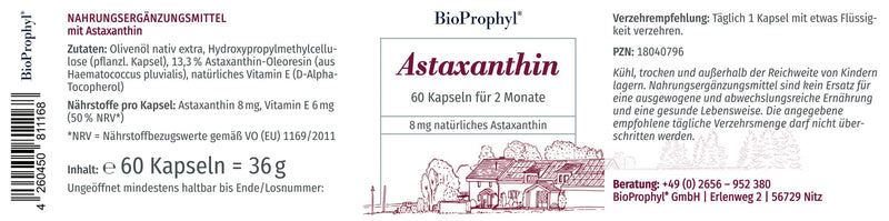 BioProphyl® Astaxanthin - 8 mg pure astaxanthin as an extract from Heamatococcus pluvialis with vitamin E to protect cells from oxidative stress - 60 vegetable capsules for 2 months - NewNest Australia