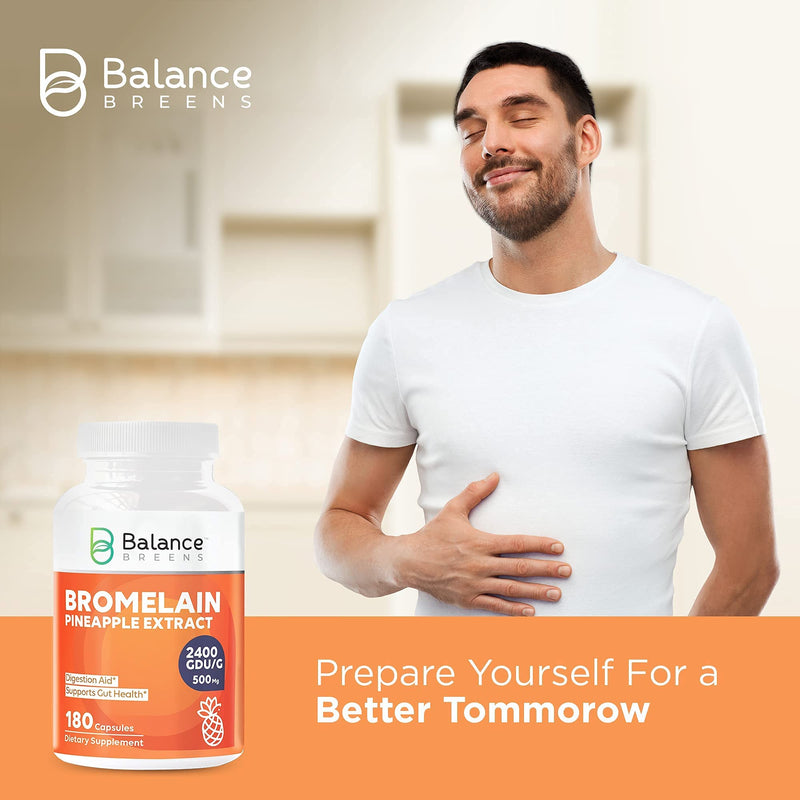 Balance Breens Bromelain 500mg 2400 GDU/G Pineapple Extract Supplement - 180 Non-GMO Capsules - Supports Gut Health, Digestive Support & Comfort - NewNest Australia