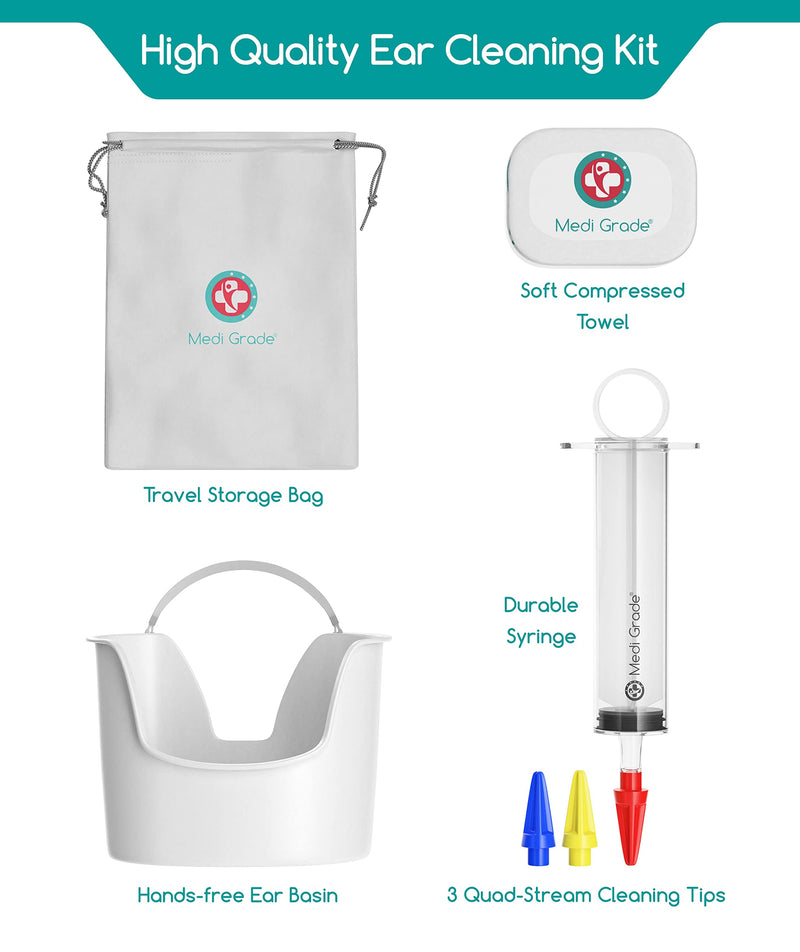 Ear Wax Removal Kit (8pcs) – Safe at-Home Ear Cleaning by Medi Grade – Ear Wax Removal Set – Comes with 100ml Ear Syringe, Quad-Stream Tips, Ear Basin, Compressed Towel and Storage Bag – Ear Cleaner - NewNest Australia