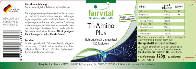 Fairvital Tri-Amino Plus - 120 Tablets - Vegan Amino Acids Complex With Minerals - With L-Arginine, L-Ornithine, L-Lysine, Calcium And Magnesium - Made In Germany - NewNest Australia