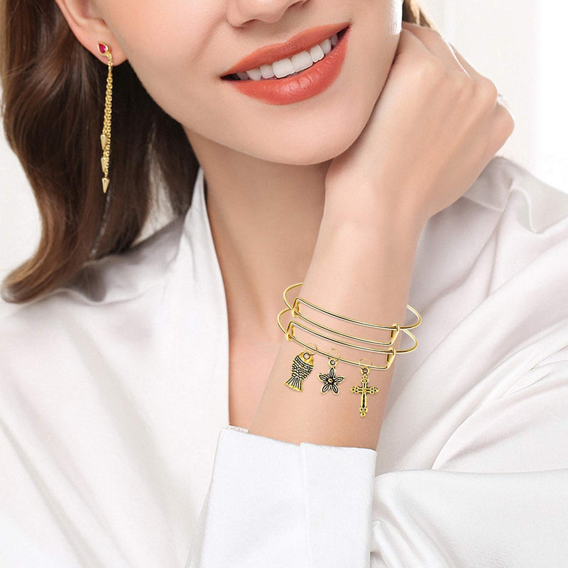 UPINS 30Pcs Silver Expandable Blank Bracelets Adjustable Wire Bangles with 100Pcs Tibetan Silver Charms, 200Pcs Open Jump Rings for Jewelry Making Golden - NewNest Australia