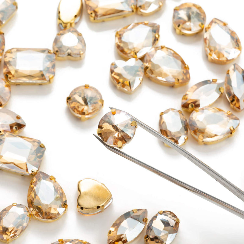 Sew On Rhinestones, Choupee 48PCS Mixed Shapes Flatback Sew On Glass Rhinestone Sewing Claw Rhinestone for Craft, Clothes, Garments, Dress, Earring, Belt and Shoes (Champagne, Gold Claw) Gold Setting / Champagne - NewNest Australia