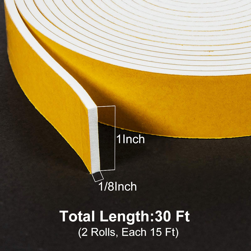 fowong White Foam Sealing Weather Stripping- 2 Rolls, 1 Inch Wide X 1/8 Inch Thick, Window Seal Door Frame Insulation Closed Cell High Density Wide Adhesive Foam Tape, 15 Ft X 2, Total 30 Feet 1in * 1/8in - NewNest Australia