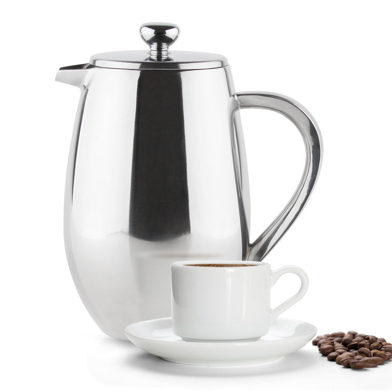 Café Olé BFD Cafetière, 1 Litre 3 Cup Double Walled Stainless Steel French Press Coffee Maker, Mirror Finish - NewNest Australia