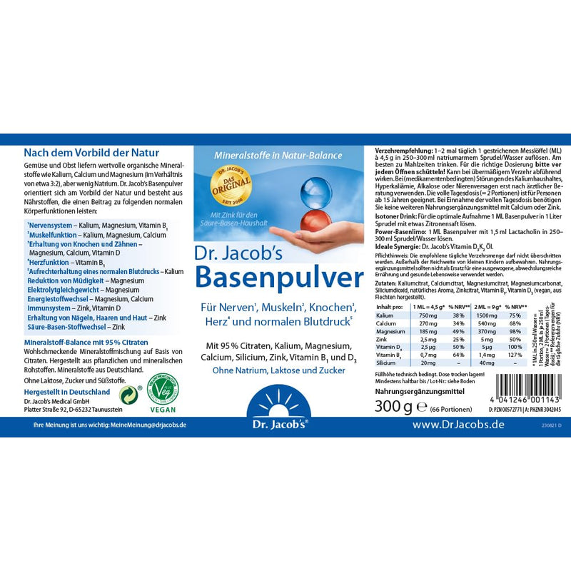 Dr. Jacob's base powder based on citrate I particularly high in potassium as in vegetables and fruit, calcium magnesium zinc vitamin D, also for diets and alkaline fasting I 300 g can of original citrate base powder - NewNest Australia