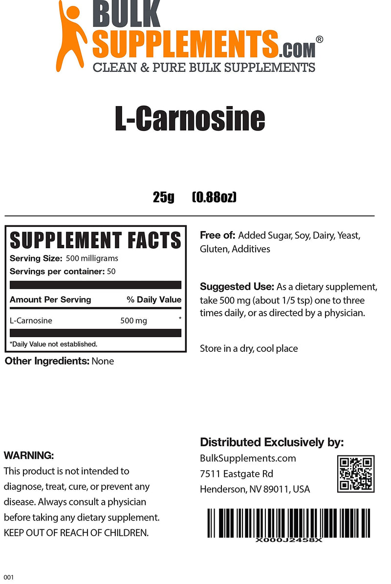 BulkSupplements.com L-Carnosine Powder - Eye Supplement Vegetarian - Improve Vision Naturally - AMK Supplement - Amino for Brain - Vegetarian Supplement - Nerve Support Formula(25 Grams - 0.88 oz) 0.88 Ounce (Pack of 1) - NewNest Australia