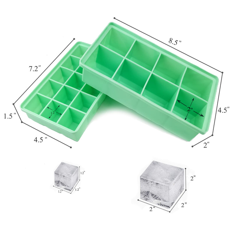 2 Pack Silicone Ice Cube Trays with Removable Lids-Easy Release Flexible-8 Large Ice Cubes + 15 small Cubes Ice Tray Molds for Cocktail, Whiskey, Baby Food, Chocolate-Reusable (Green) Green(large+small) - NewNest Australia