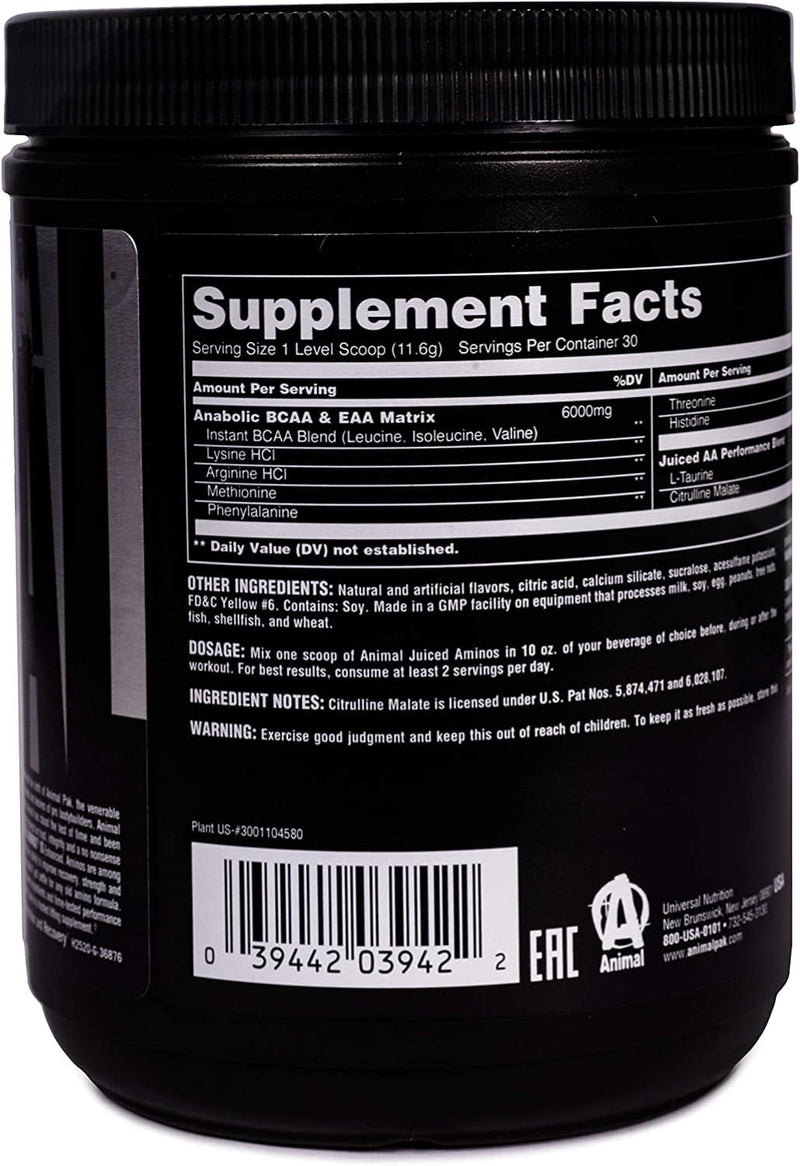 Universal Nutrition Animal Juiced Aminos (Peach Mango) - Post Workout Supplement With 6G Bcaa/Eaa Matrix & 4G Amino Acid Blend For Improved Performance & Muscle Recovery, 30 Measuring Spoons - NewNest Australia