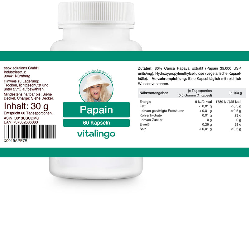 Katharina Bachman Papain enzyme capsules (at least 35 million USP units/g) - 60 capsules of 500mg each - NewNest Australia