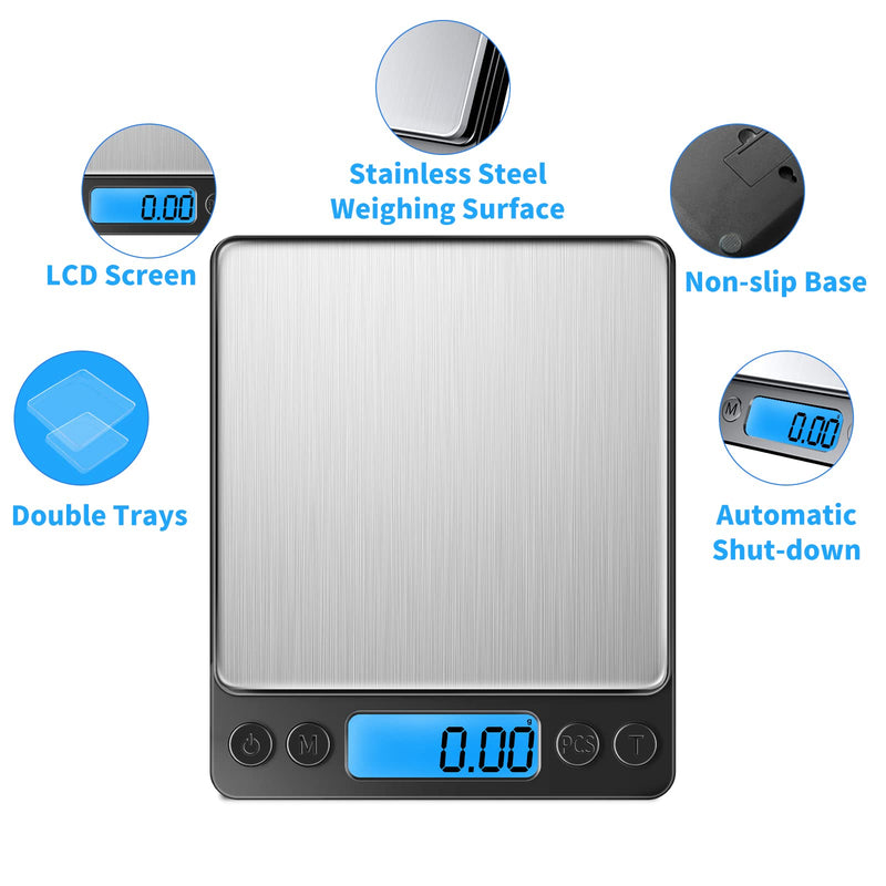 Gram Scale Small Digital Mini Scale for Ounces, 500g x 0.01g Accuracy, Kitchen Scale for Baking,Jewelry, Herbs, Seasoning,9 Units Conversion,Tare Function,2 Trays Included,5 Years Warranty,Black Black - NewNest Australia