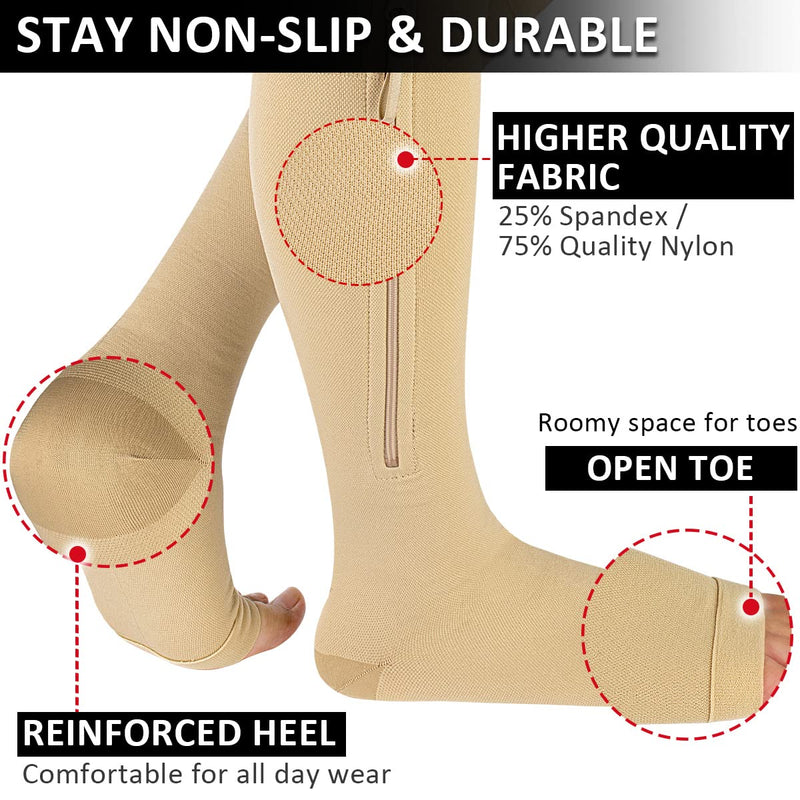 Ailaka compression stockings with zipper, 15-20 mmhg class 1 compression stockings for men and women, support stockings with open toes for varicose veins, edema, recovery, pregnant medium (1 pair) beige - NewNest Australia