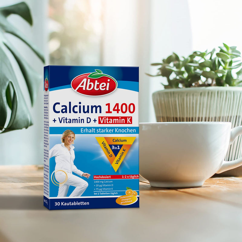 Abtei Calcium 1400 + D + K - High Dose - With Vitamin D And Vitamin K - For Maintaining Healthy Bones And Muscle Function - Orange Flavor, 30 Chewable Tablets - NewNest Australia