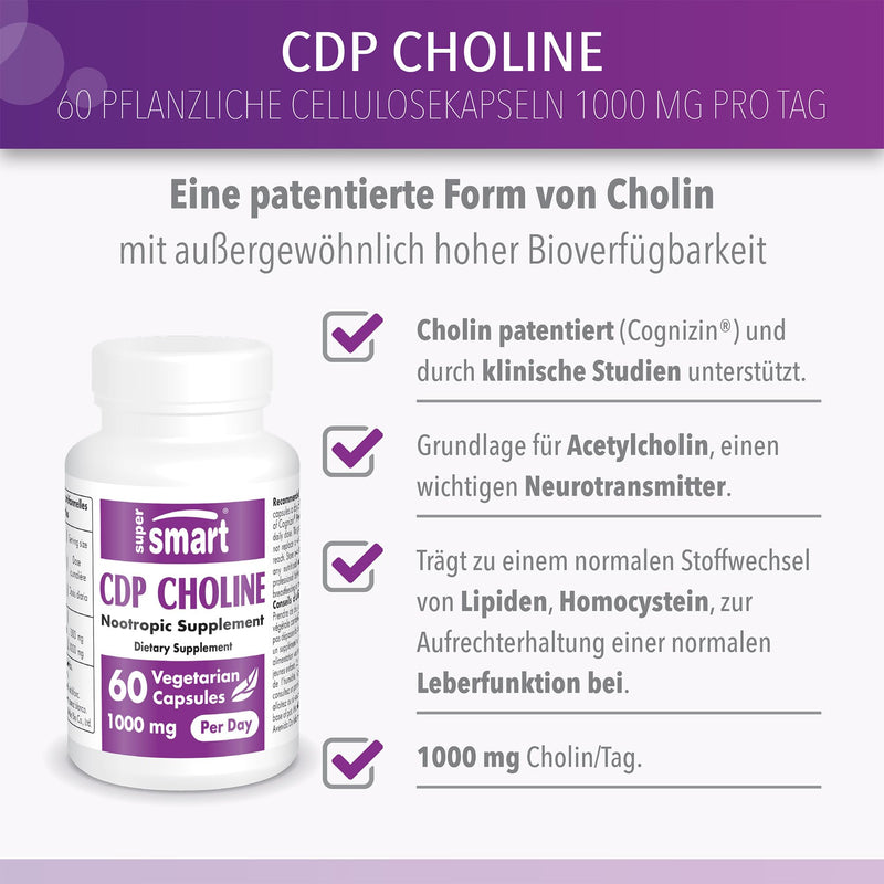 Supersmart - Cdp Choline (Citicoline) 1000 Mg Per Serving - Nootropic Supplement - Optimises Norepinephrine, Dopamine & Acetylcholine Levels - Brain Supplement | Non-Gmo - 60 Vegetarian Capsules - NewNest Australia