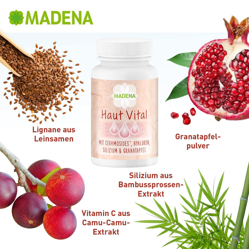 Madena Skin Vital, Skin Vitamins Against Blemished Skin, 60 Capsules High Dose With 13 Bioactive Micronutrients, Patented Ceramosides‚Ñ, Hyaluronic Acid, Pomegranate And Lignans - NewNest Australia