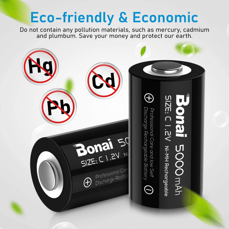 BONAI Rechargeable C Batteries 5,000mAh 1.2V Ni-MH High Capacity High Rate C Size Battery C Cell Rechargeable Batteries (8 Pack) - NewNest Australia