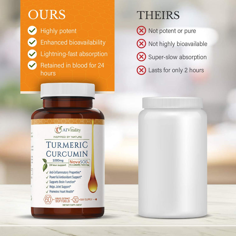 A1 Vitality Turmeric Curcumin NovaSOL Supplements 1000mg More Potent Than Bioperine - Inflammation, Joint Pain Relief - 185x Bioavailable Than Turmeric Black Pepper Capsules – Best Natural Softgels - NewNest Australia