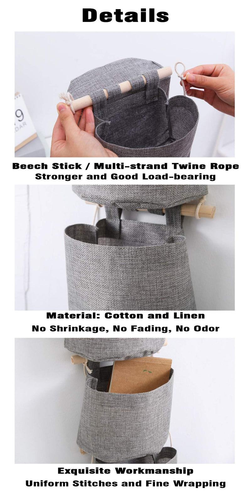 NewNest Australia - AARainbow 1 Pack Cotton Linen Fabric Closet Detachable Foldable Washable Hanging Storage Bag with 3 Pockets Over The Wall Door Organizer for Room Bathroom (Gray) Gray 