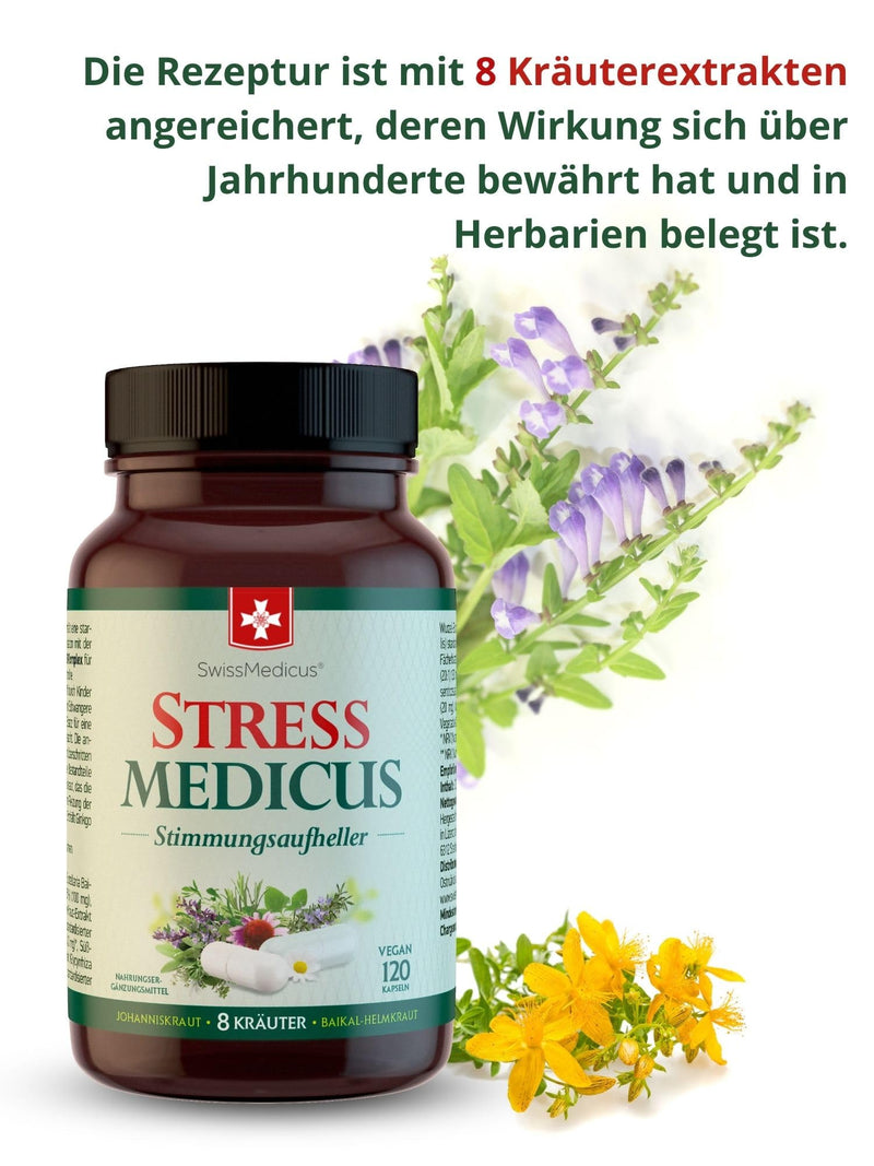 Swissmedicus Stressmedicus - Mood Brightener - Natural Herbal Supplement For Better Mental Health With St. John'S Wort & Baikal Skullwort, 120 Vegan Capsules - NewNest Australia