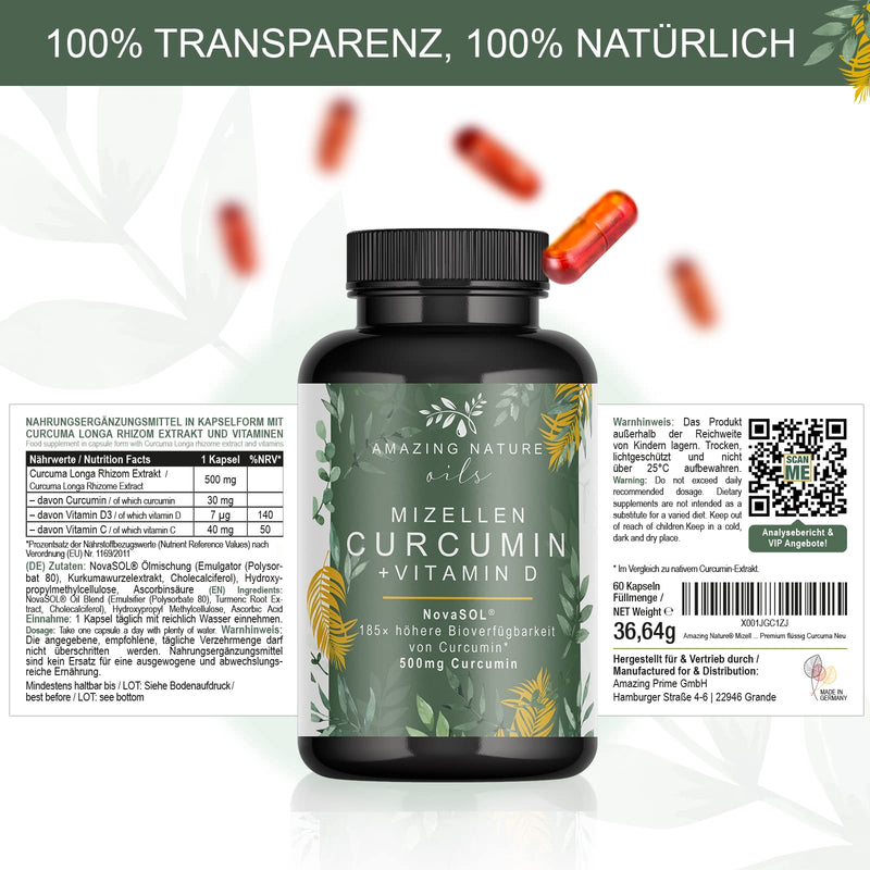 Amazing Nature® micelles curcumin with vitamin D and C - NovaSOL turmeric capsules high dosage 1 capsule daily with 185x more available turmeric without piperine 1 x 60 premium liquid curcuma - NewNest Australia