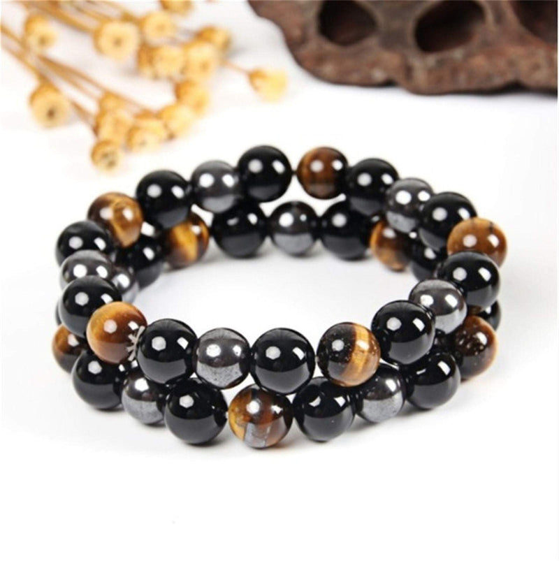 Triple Protection Bracelet for Bring Luck and Prosperity Hematite Black Obsidian Tiger Eye Stone Bracelets for Men Women, Beaded Buddha Healing Rope Uni Bracelet (2pcs) A - NewNest Australia