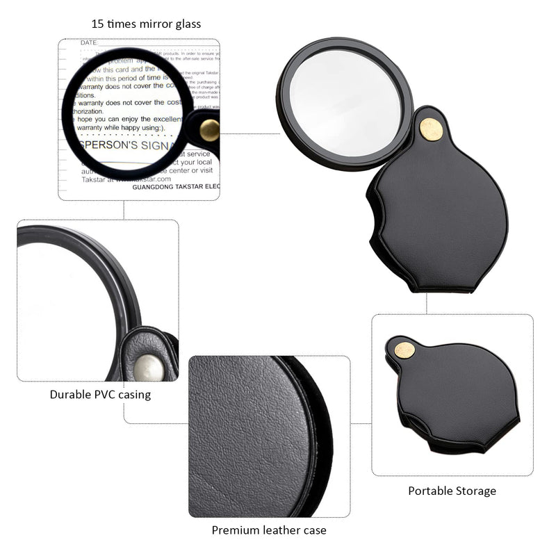 15x Pocket Magnifying Glass with 1 Cleaning Cloth and 1 Black Storage Bag, Foldable Reading Magnifying Glass, Portable Magnifying Glass, Magnifying Glass with Protective Case, Glass Magnifying Glass 15 - NewNest Australia