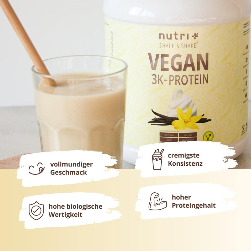Nutri + Vegan Protein Powder Vanilla 1 kg 83% protein - 3k protein powder 1000 g - Shake Vanilla Cream Flavor - vegetable protein powder without lactose, aspartame, sugar, stevia & milk 1 kg (pack of 1) - NewNest Australia