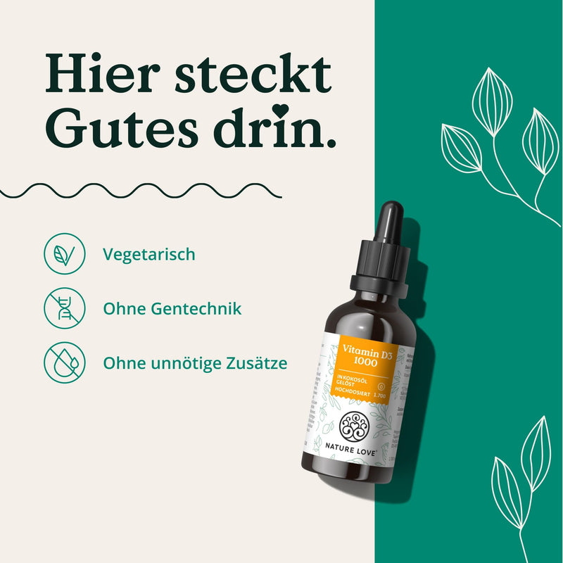 NATURE LOVE® Vitamin D3 1000 (50ml liquid) - laboratory tested 1000 IU per drop - in MCT oil from coconut - high dose of vitamin D - highly bioavailable, very high stability and without unnecessary additives - NewNest Australia