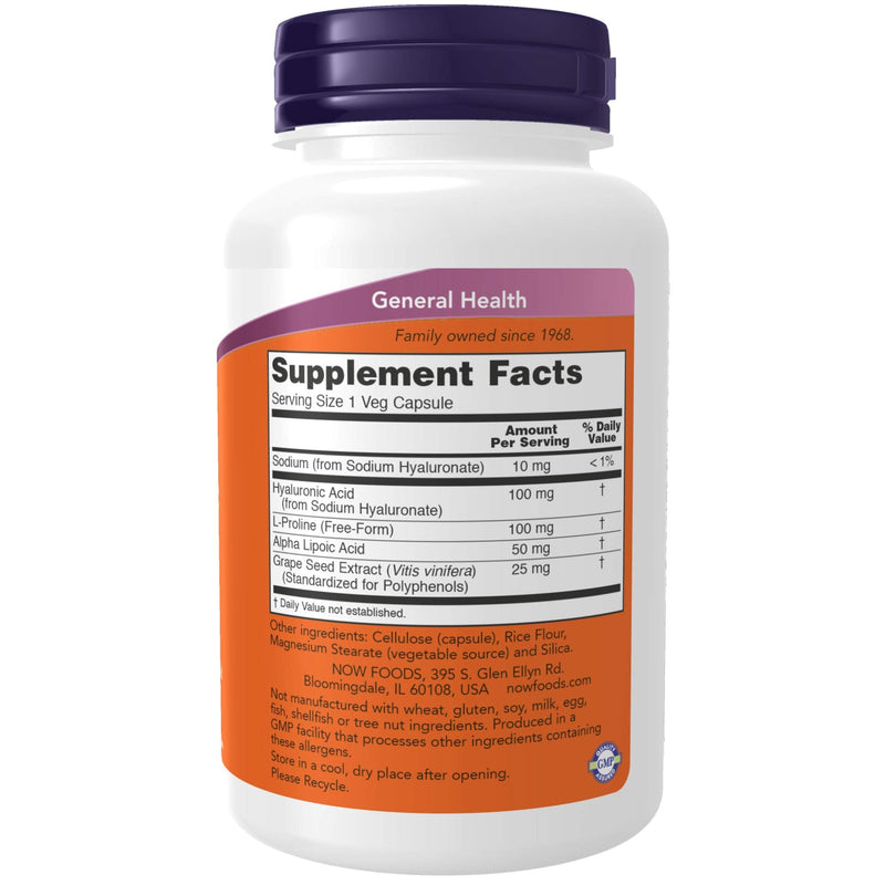 Now Foods Supplements, Hyaluronic Acid, Double Strength 100 mg, with L-Proline, Alpha Lipoic Acid and Grape Seed Extract, 120 Veg Capsules, Brown - NewNest Australia