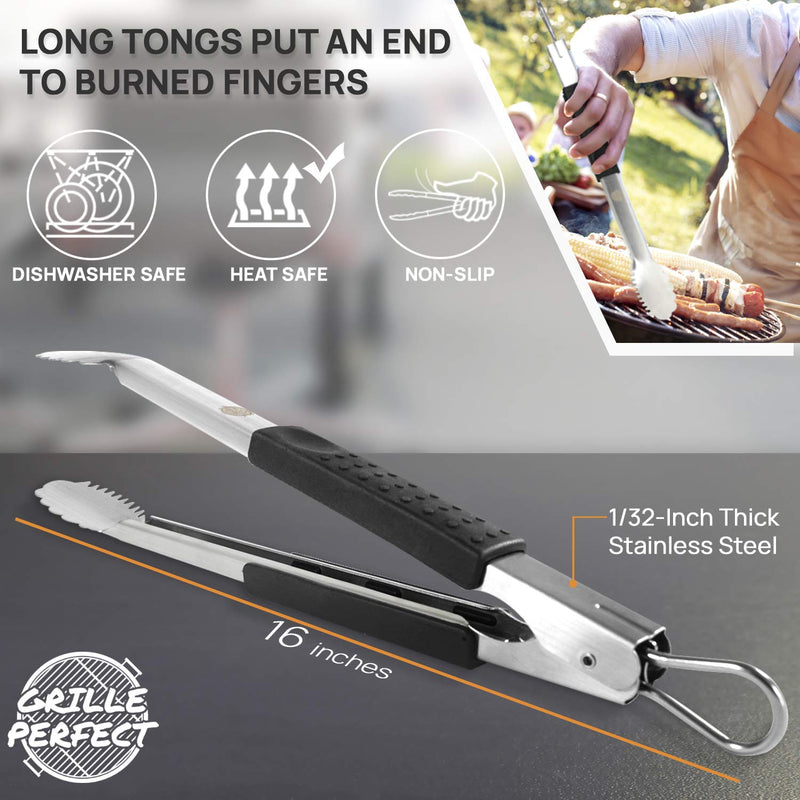 NewNest Australia - Extra Long Stainless Steel Tongs For Grilling - Heavy Duty Metal BBQ Utensil, Gas & Charcoal Barbecue Cooking, Chef Kitchen Food Serving Grill Tools (XL 16 Inch) Silicone Handle Meat Grabbing & Frying 