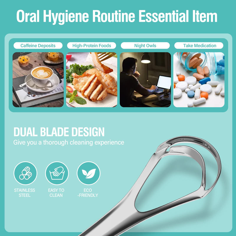 Ronavo Tongue Scraper, 2023 New Upgrade, With Double Scraper Head (Travel Case Included), Stainless Steel Tongue Cleaner, Bad Breath Away, Improves Oral Hygiene, Easy To Clean Silver - NewNest Australia