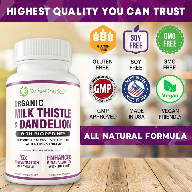 Max Absorption Organic Milk Thistle (Strongest 5:1 Concentrated Extract) & Organic Dandelion Root with BioPerine | Healthy Liver Support Detox Cleanse. 60 Veggie Capsules. - NewNest Australia