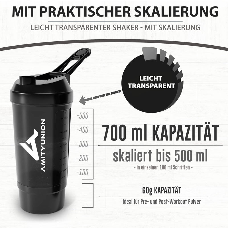 Protein shaker 700 ml “FYRA” leak-proof - BPA free with powder compartment & sieve and scale for creamy whey protein shakes, shaker protein shake, protein shaker cup for Bcaa and gaming booster in black - NewNest Australia