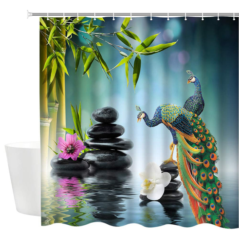 DMTTY Peacock Shower Curtain Zen Spa Green Bamboo Bathroom Curtain 72x72 Inches Fabric Bathroom Accessories Polyester with Hooks 72" X 72" Green Blue - NewNest Australia