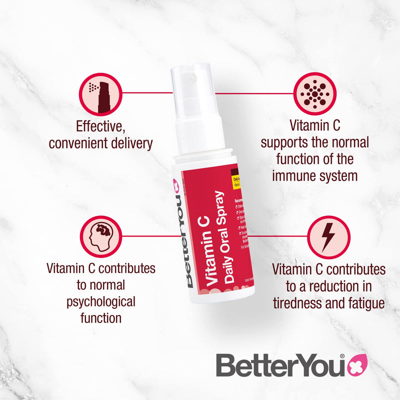BetterYou Vitamin C Daily Oral Spray | Selenium, Vitamin B2 and Green Tea Extract | 100mg per daily serving | Natural Cherry and Blueberry Flavour | 25ml - NewNest Australia