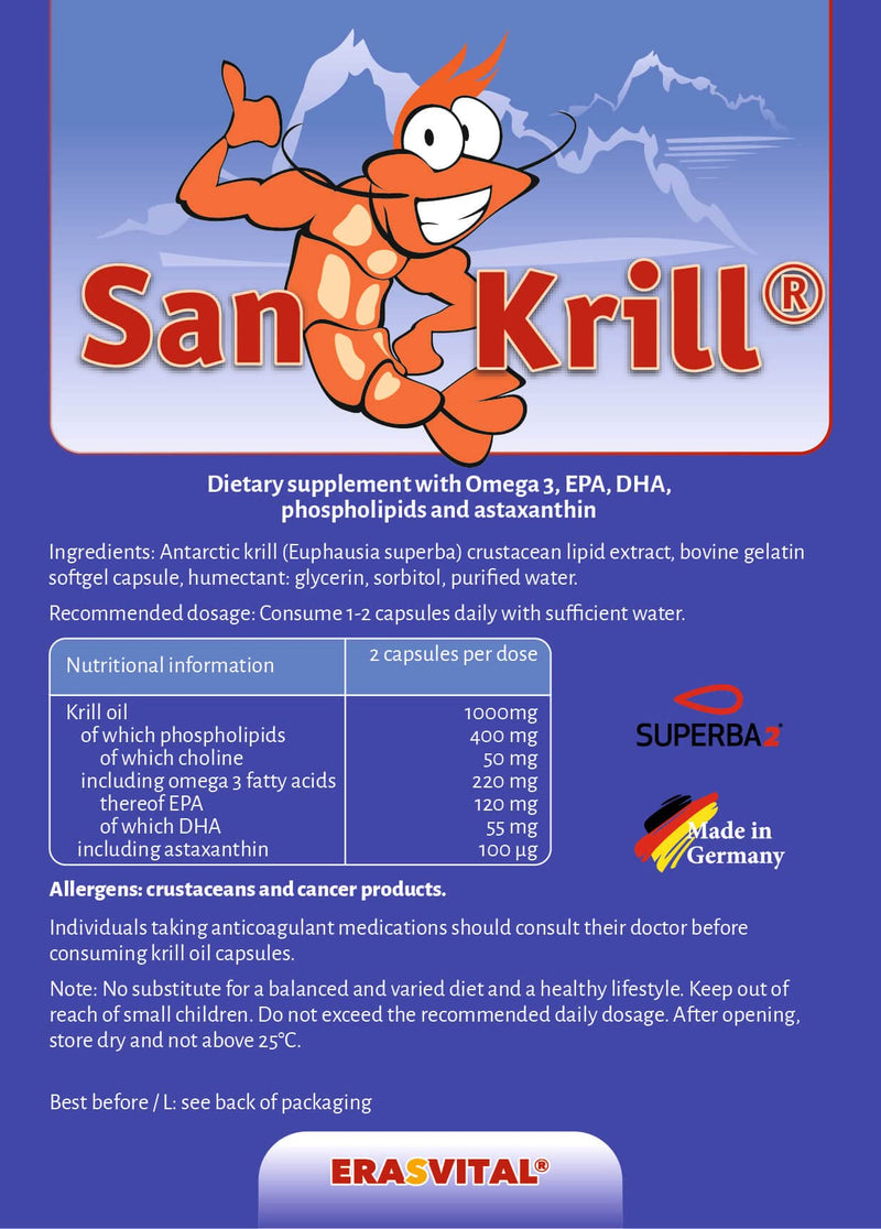 Krill oil SanKrill 180 capsules 500 mg each Superba Antarctic krill oil with high-dose omega 3 fatty acids (EPA, DHA) and astaxanthin - NewNest Australia