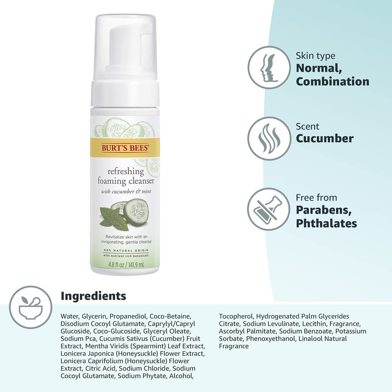 Burt's Bees Refreshing Foaming Cleanser and Natural Face Wash with Cucumber and Mint, 4.8 Fl Oz - NewNest Australia