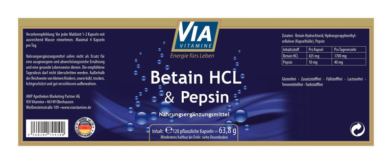 Betaine HCL + Pepsin 120 vegan capsules, 1700mg Betaine HCL, high dosage, made in Germany - NewNest Australia