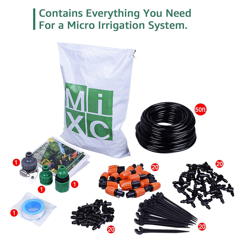 MIXC 1/4-inch Mist Irrigation Kits Accessories Plant Watering System with 50ft 1/4” Blank Distribution Tubing Hose, 20pcs Misters, 39pcs Barbed Fittings, Support Stakes, Quick Adapter, Model: GG0B - NewNest Australia