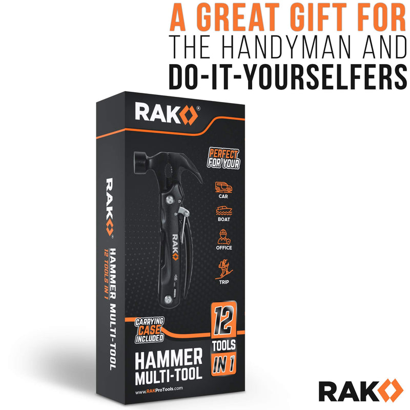 RAK Hammer Multi-Tool - Multi-Functional 12 in 1 Mini Hammer Camping Gear Survival Tool for Men, DIY Handyman, Father/Dad, Husband, Boyfriend, Him, Women Black - NewNest Australia