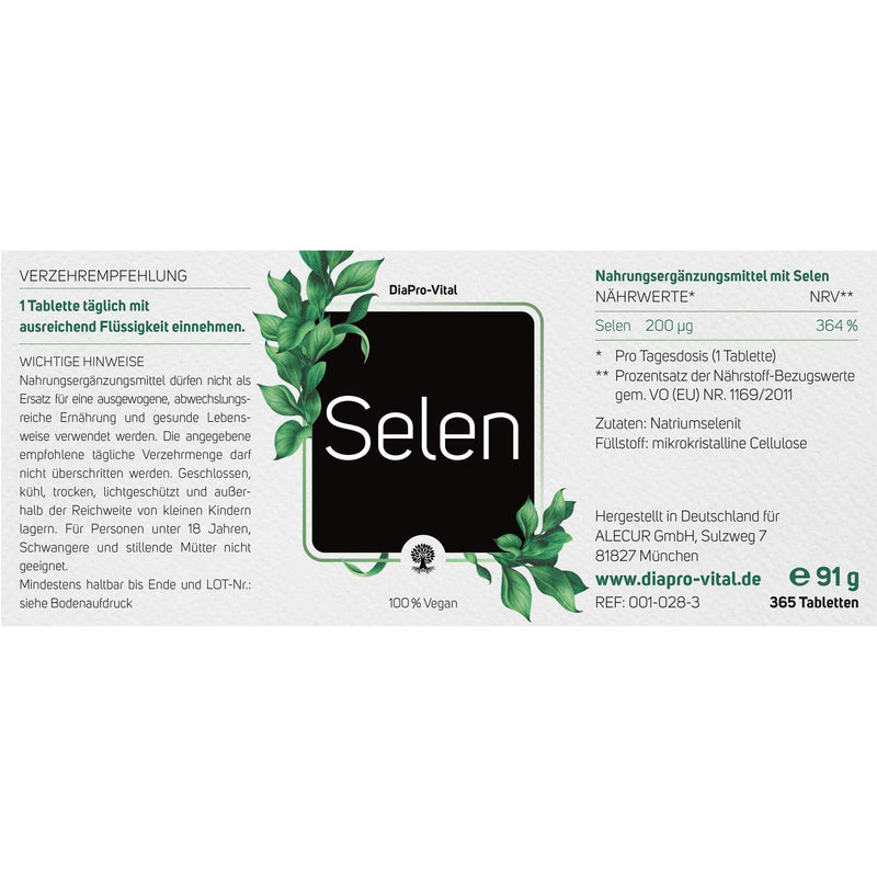 DiaPro® selenium tablets 365 pieces with 200µg selenium per tablet made from sodium selenite annual supply 100% vegan laboratory tested - NewNest Australia