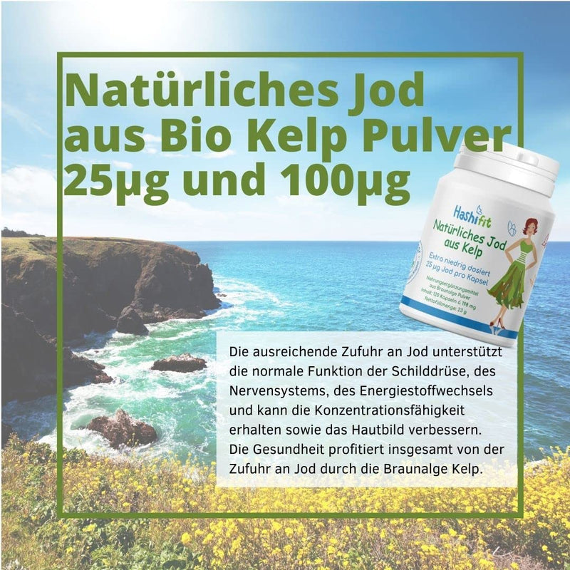 Extra low dosage - 25µg natural iodine from kelp - 120 mini capsules - can be finely dosed in small, fine doses for iodine sensitivity and thyroid Hashimoto - NewNest Australia