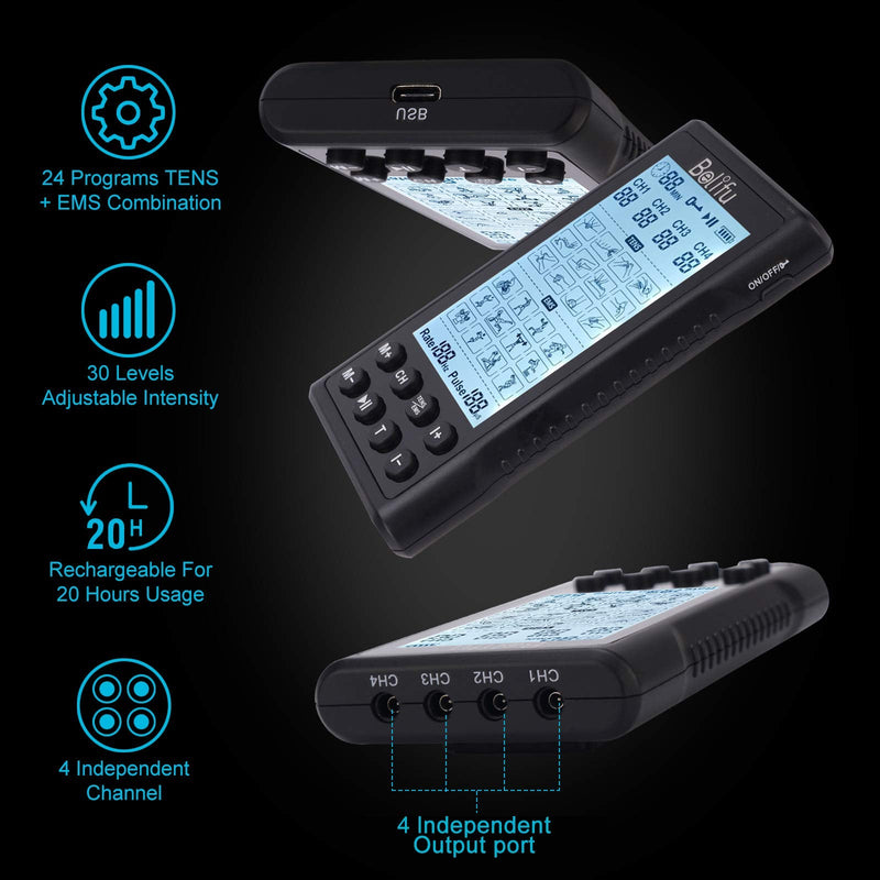 Belifu 4 Independent Channel TENS EMS Unit, 24 Modes,30 Level Intensity Muscle Stimulator Machine, Rechargeable Electric Pulse Massager with 10 Pads&5 Set Leads Wires, for Pain Relief Therapy Black - NewNest Australia