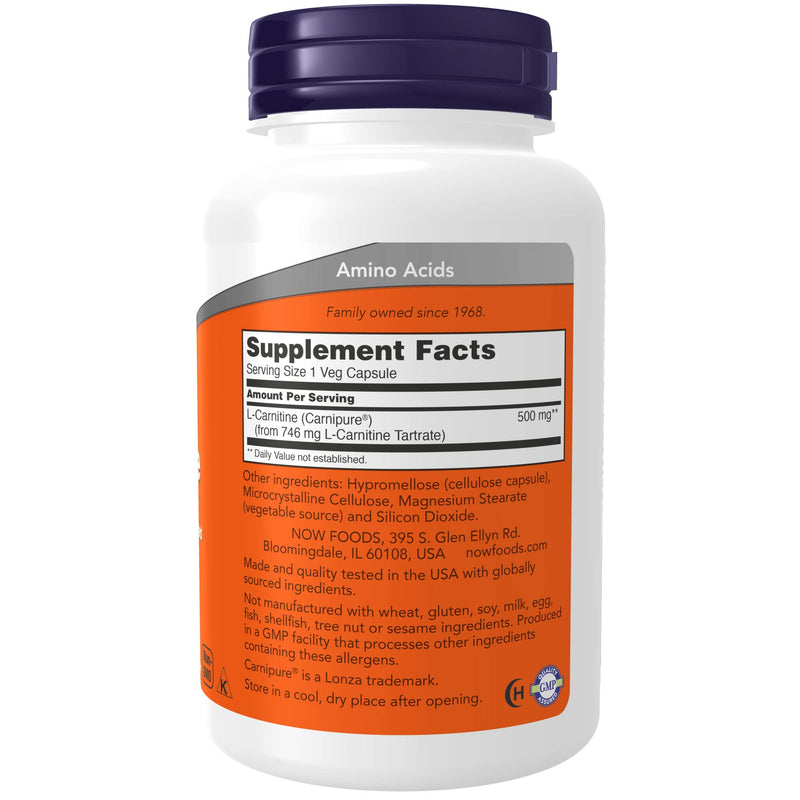 Now Foods Supplements, L-Carnitine 500mg, Purest Form, Amino Acid, Fitness Support, 180 Veg Capsules - NewNest Australia