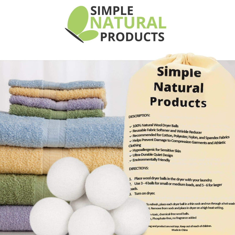 Simple Natural Products Wool Dryer Balls - Fabric Softener and Dryer Sheets for Laundry Supplies – Reusable Wrinkle and Static Guard Wool Balls – Unscented for Sensitive Skin (6 XL Pack) - NewNest Australia